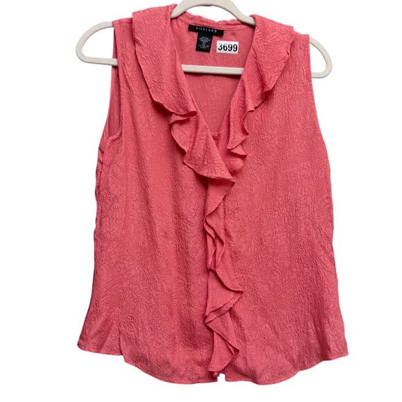 Silkland 100% Silk Sleeveless Ruffle Neck Button Front Blouse Top Medium Pink - Picture 1 of 5